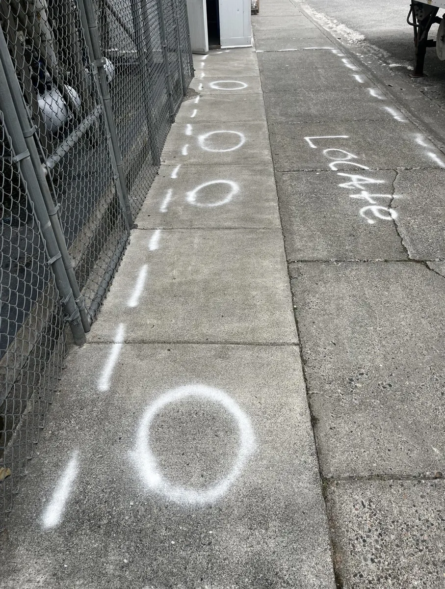 White spray paint layout markings on a concrete slab showing bollard centerline and individual footing locations along a chain-link fence at an industrial facility