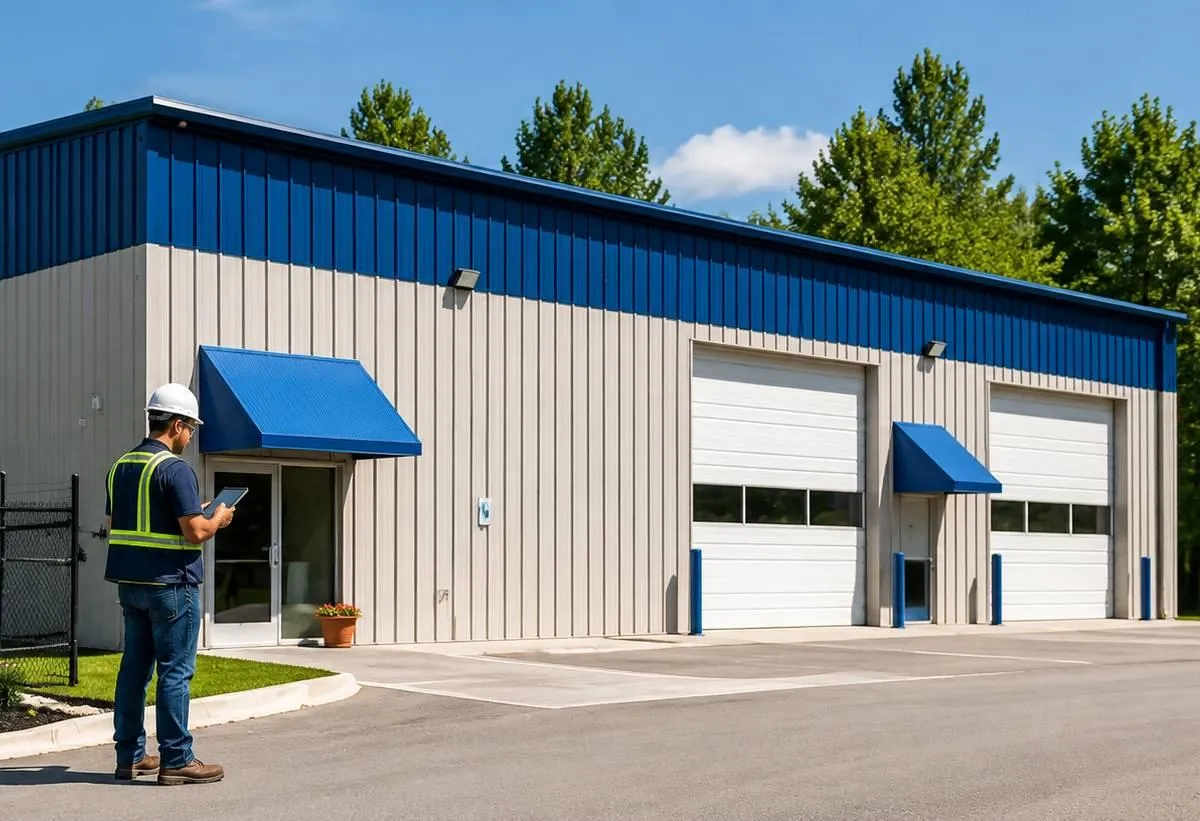 Construction worker with tablet inspecting a commercial steel building exterior during summer maintenance review