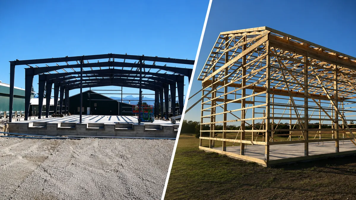 Side-by-side comparison of a pre-engineered steel building frame and a wood-framed pole building under construction on concrete foundations