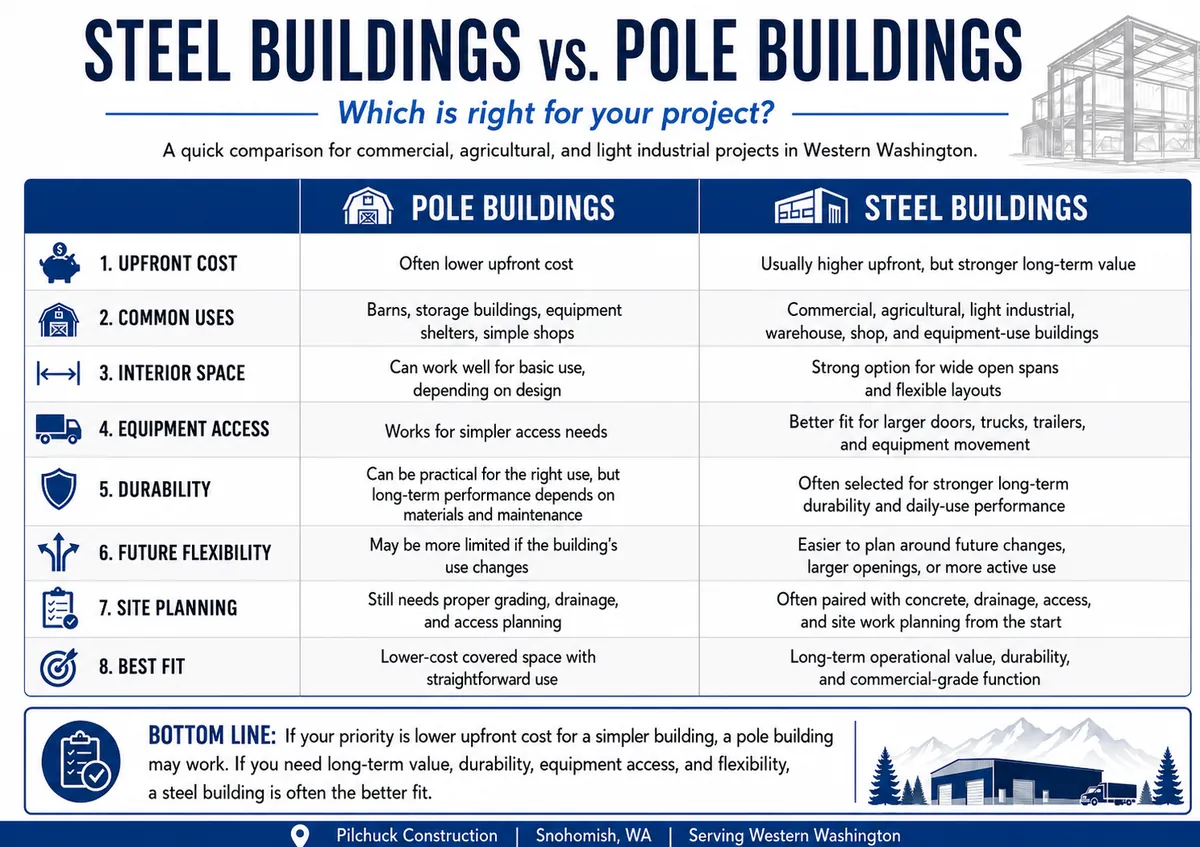 Comparison chart showing differences between steel buildings and pole buildings in cost, uses, interior space, access, durability, flexibility, and site planning