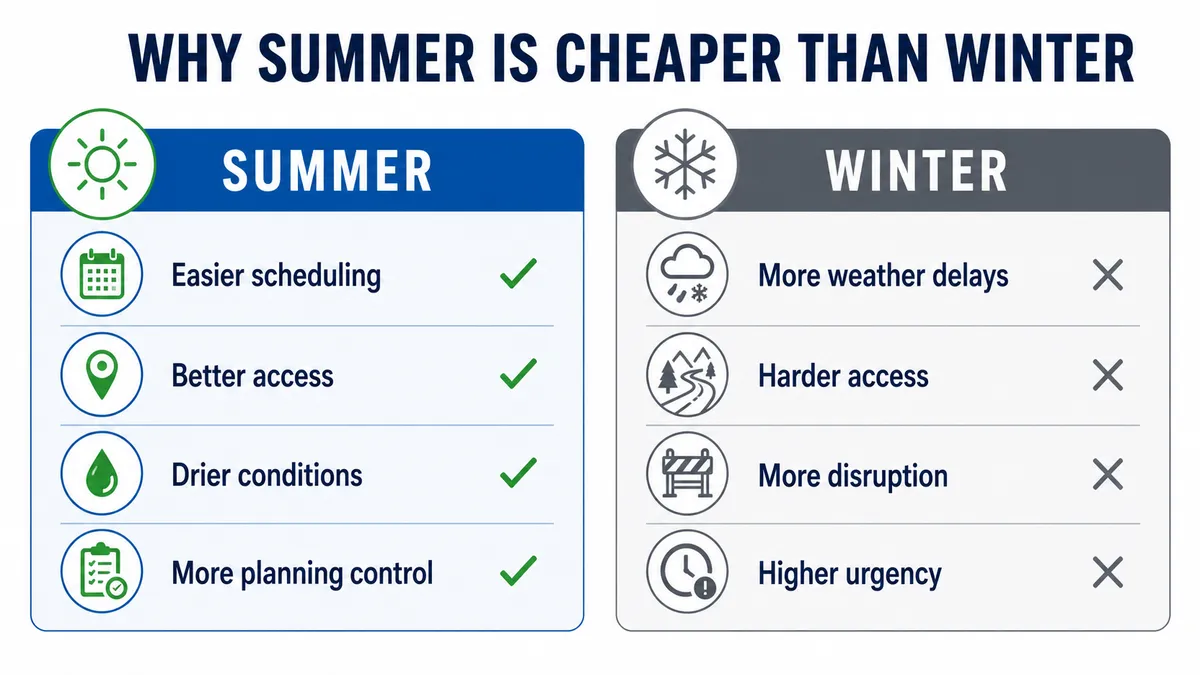Infographic comparing summer and winter commercial building maintenance: summer offers easier scheduling, better access, drier conditions, and more planning control while winter brings weather delays, harder access, more disruption, and higher urgency