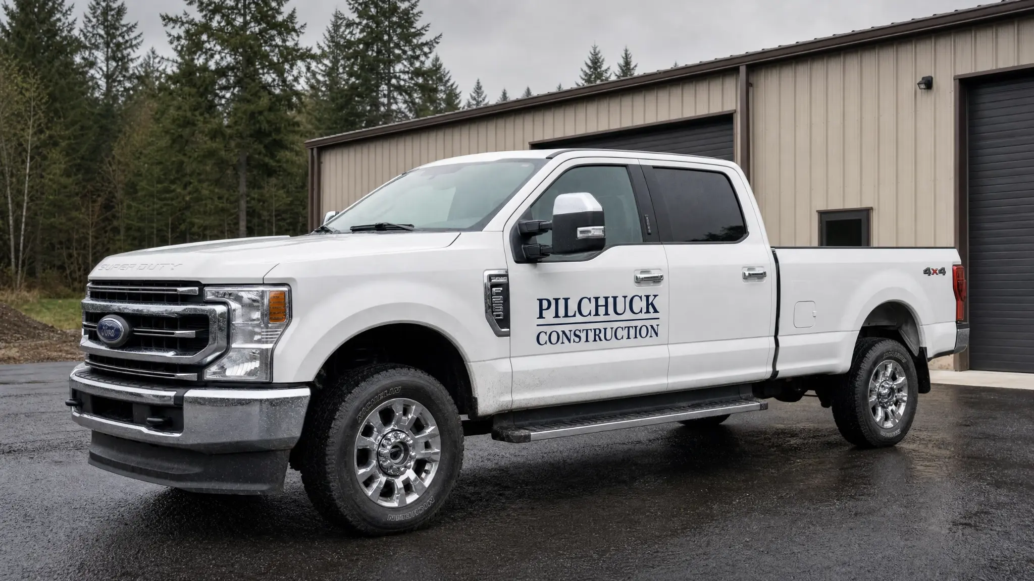 Pilchuck Construction white Ford F-250 Super Duty fleet truck at steel building shop in Western Washington